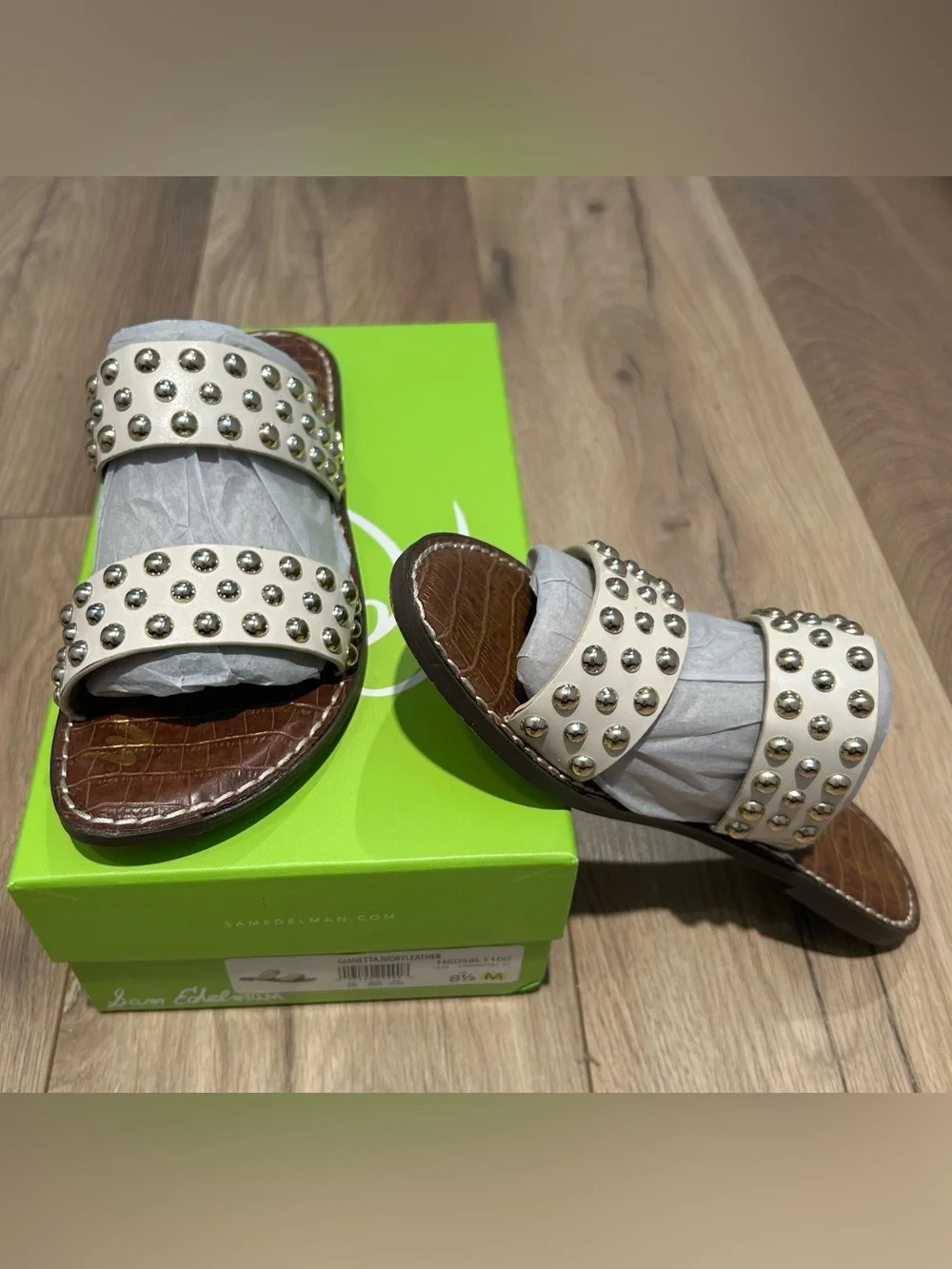 Sam Edelman Ivory Leather Studded Double-Strap Slide Mules - Picture 5 of 12